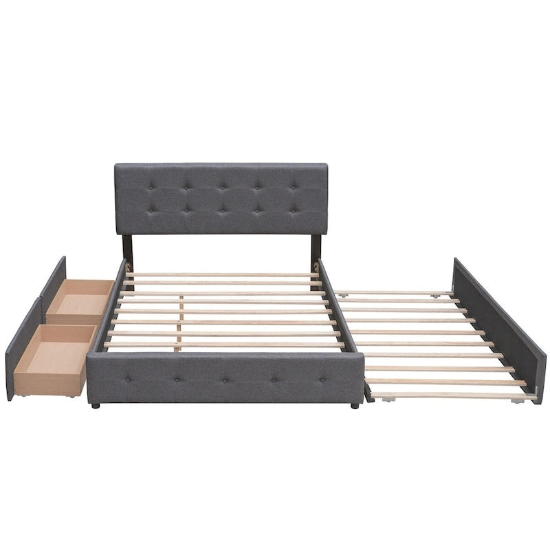 Queen Size Linen Upholstered Platform Bed – Tufted Headboard, 2 Drawers & Twin XL Trundle
