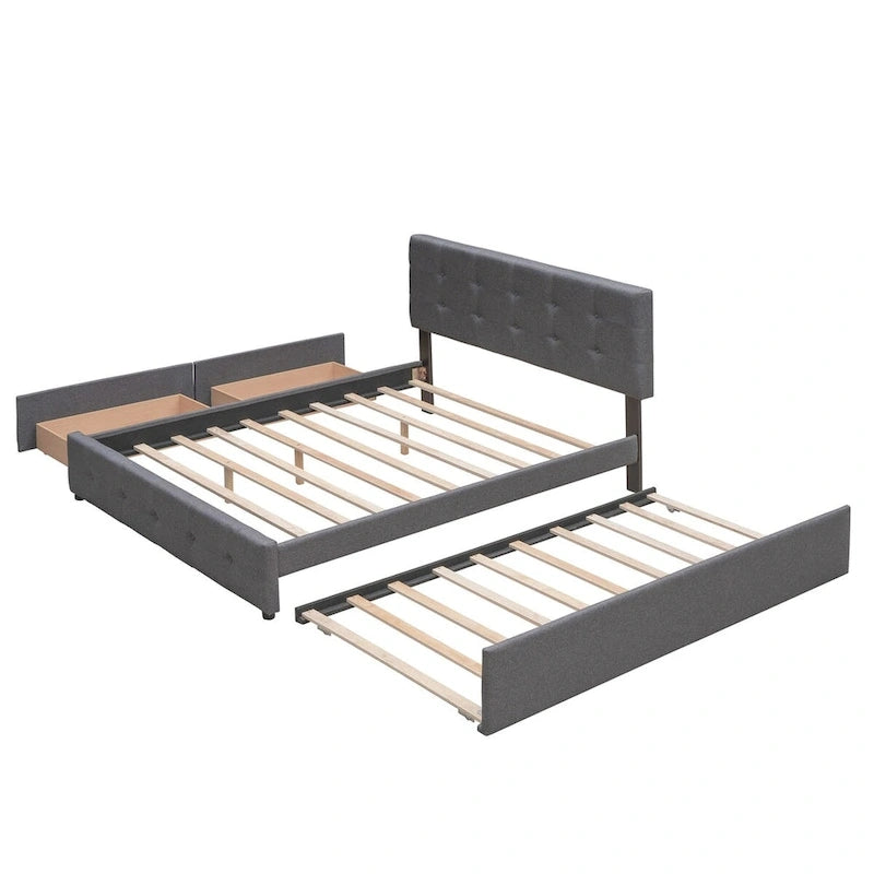 Queen Size Linen Upholstered Platform Bed – Tufted Headboard, 2 Drawers & Twin XL Trundle