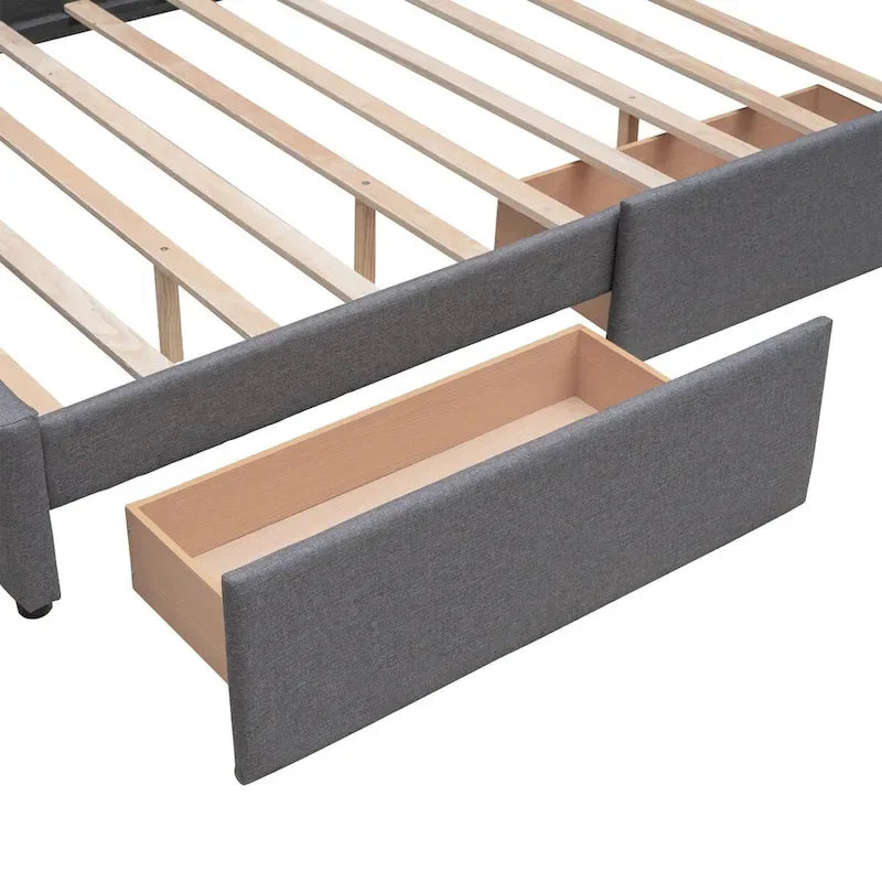 Queen Size Linen Upholstered Platform Bed – Tufted Headboard, 2 Drawers & Twin XL Trundle