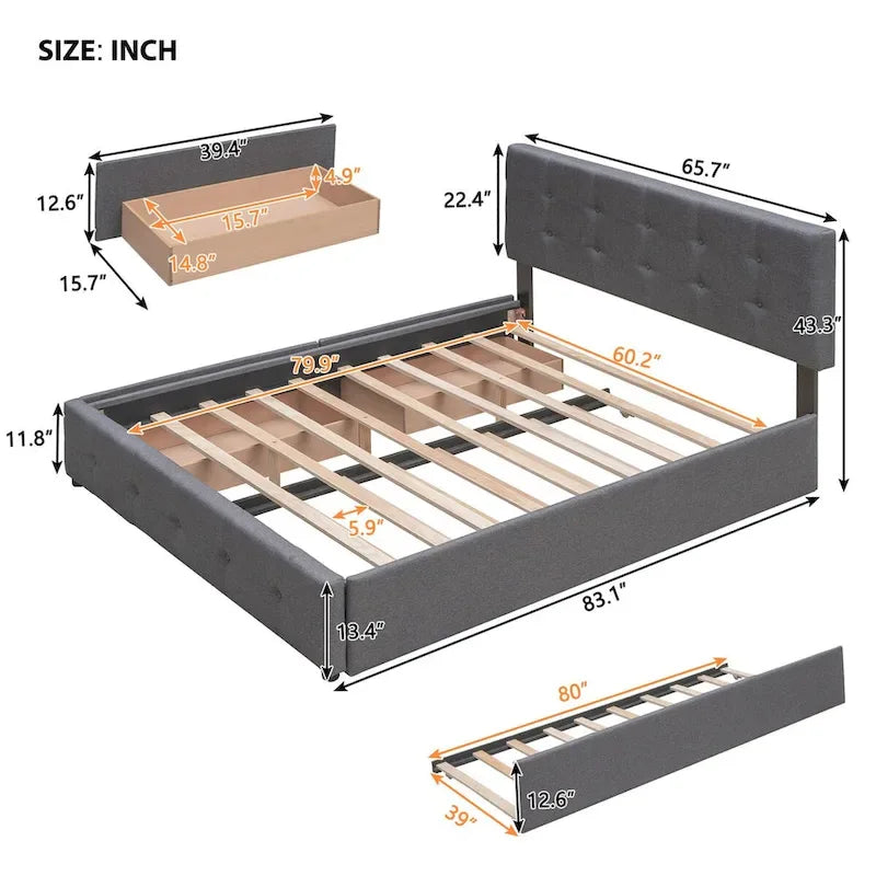Queen Size Linen Upholstered Platform Bed – Tufted Headboard, 2 Drawers & Twin XL Trundle