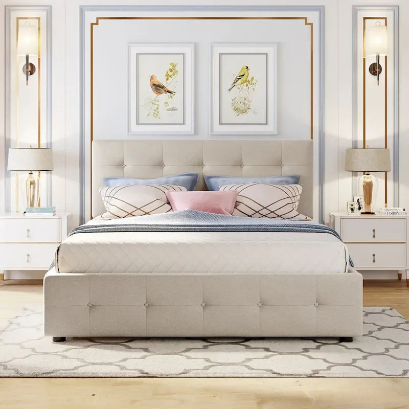 Queen Size Linen Upholstered Platform Bed – Tufted Headboard, 2 Drawers & Twin XL Trundle