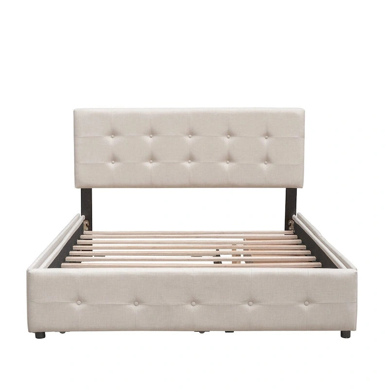 Queen Size Linen Upholstered Platform Bed – Tufted Headboard, 2 Drawers & Twin XL Trundle