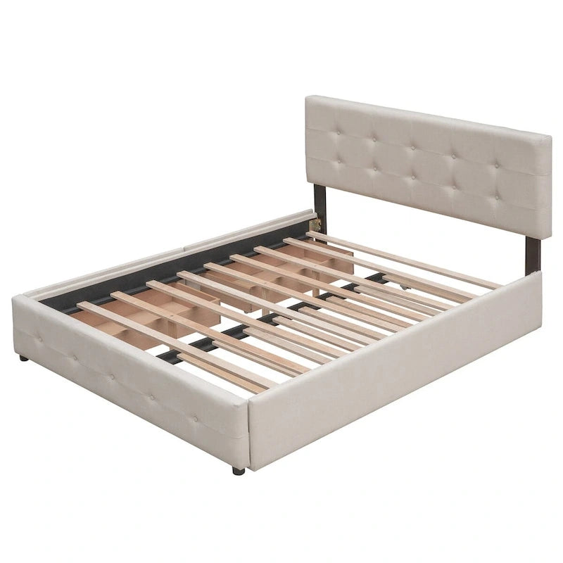 Queen Size Linen Upholstered Platform Bed – Tufted Headboard, 2 Drawers & Twin XL Trundle