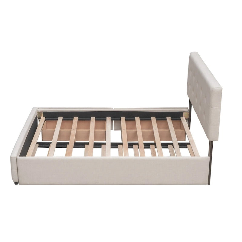 Queen Size Linen Upholstered Platform Bed – Tufted Headboard, 2 Drawers & Twin XL Trundle