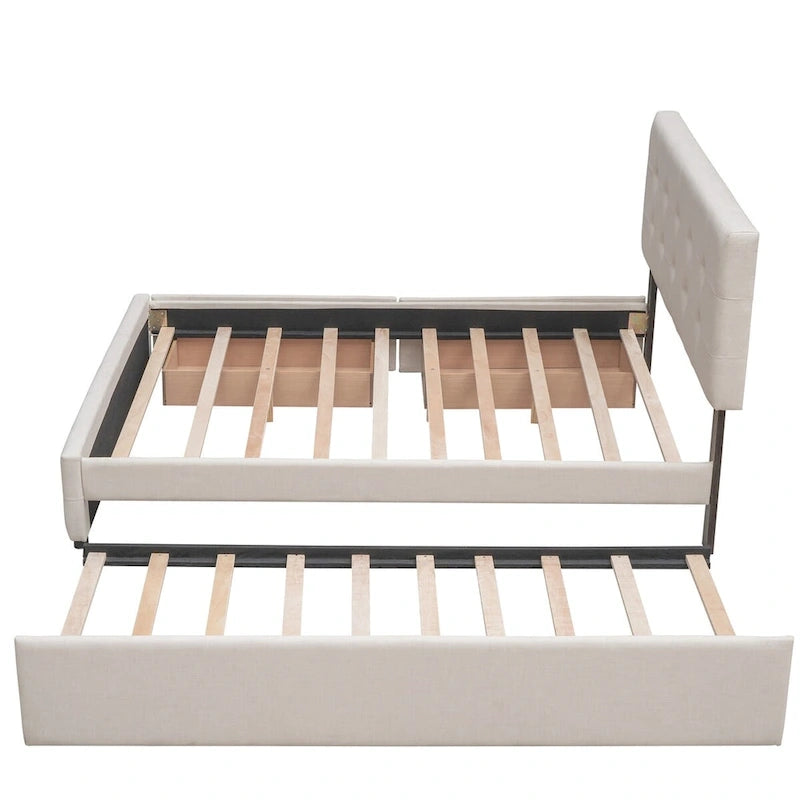 Queen Size Linen Upholstered Platform Bed – Tufted Headboard, 2 Drawers & Twin XL Trundle