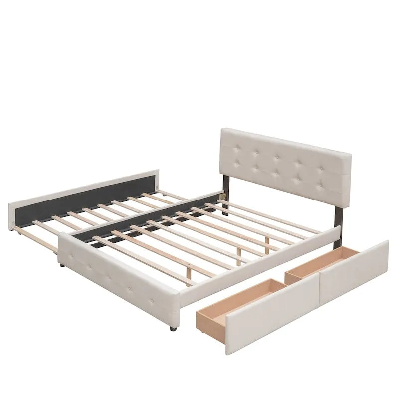 Queen Size Linen Upholstered Platform Bed – Tufted Headboard, 2 Drawers & Twin XL Trundle