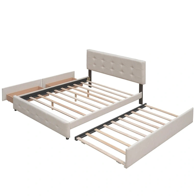 Queen Size Linen Upholstered Platform Bed – Tufted Headboard, 2 Drawers & Twin XL Trundle