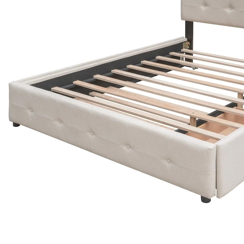 Queen Size Linen Upholstered Platform Bed – Tufted Headboard, 2 Drawers & Twin XL Trundle