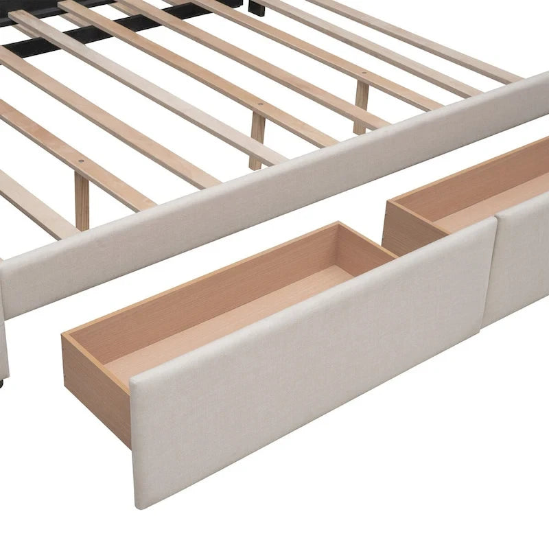 Queen Size Linen Upholstered Platform Bed – Tufted Headboard, 2 Drawers & Twin XL Trundle