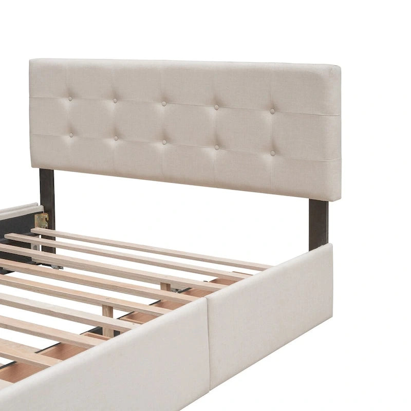 Queen Size Linen Upholstered Platform Bed – Tufted Headboard, 2 Drawers & Twin XL Trundle