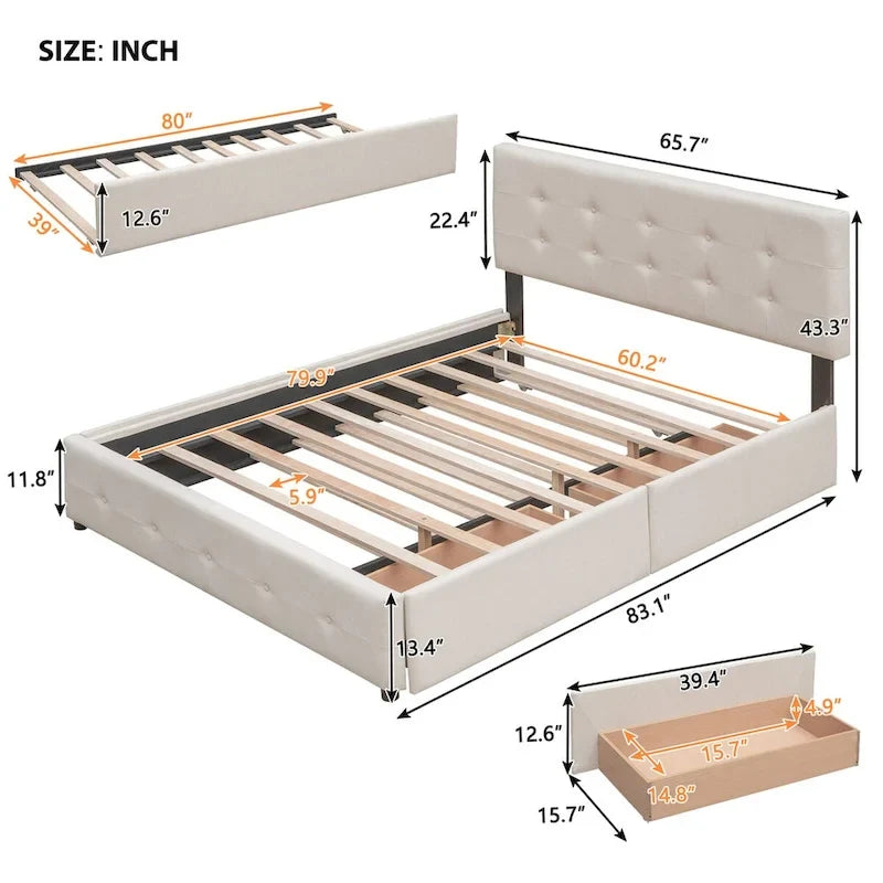 Queen Size Linen Upholstered Platform Bed – Tufted Headboard, 2 Drawers & Twin XL Trundle