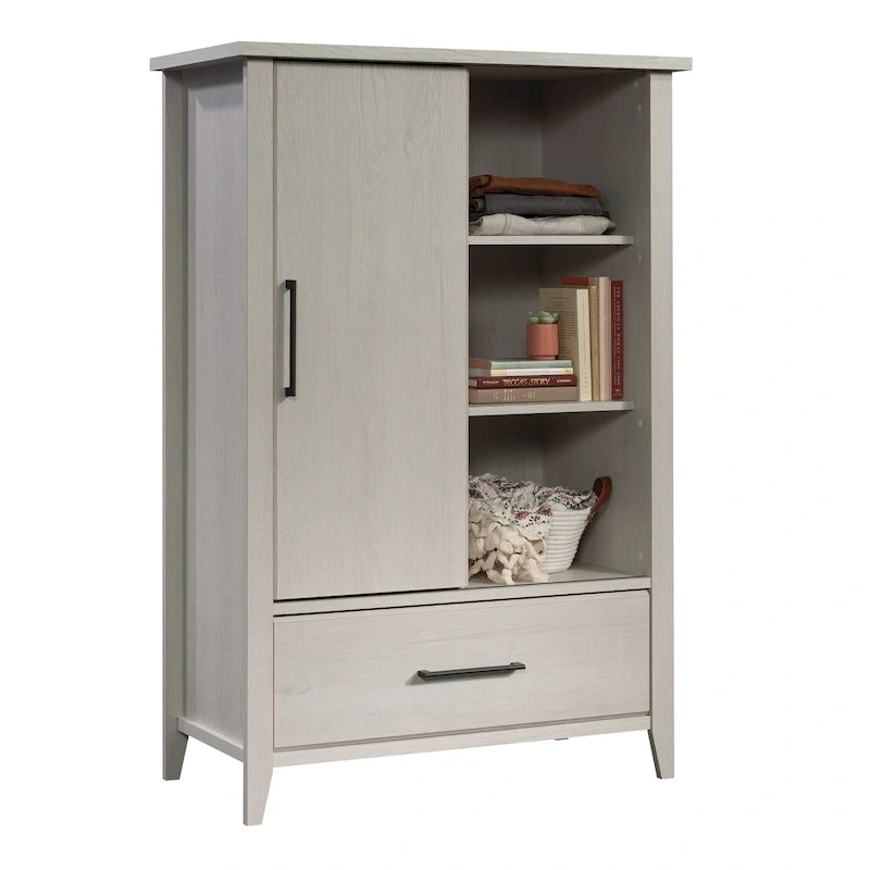 Sliding Door Wardrobe Armoire – Adjustable Shelves, Bottom Drawer & Tapered Legs