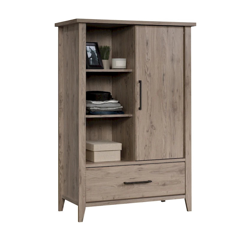 Sliding Door Wardrobe Armoire – Adjustable Shelves, Bottom Drawer & Tapered Legs