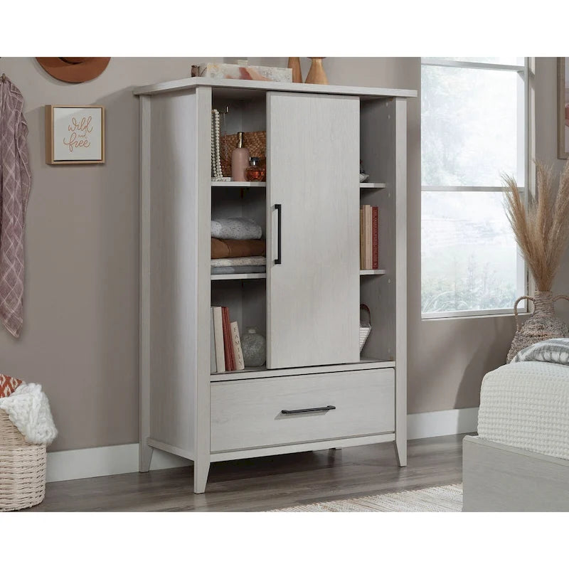 Sliding Door Wardrobe Armoire – Adjustable Shelves, Bottom Drawer & Tapered Legs