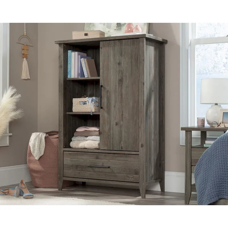 Sliding Door Wardrobe Armoire – Adjustable Shelves, Bottom Drawer & Tapered Legs