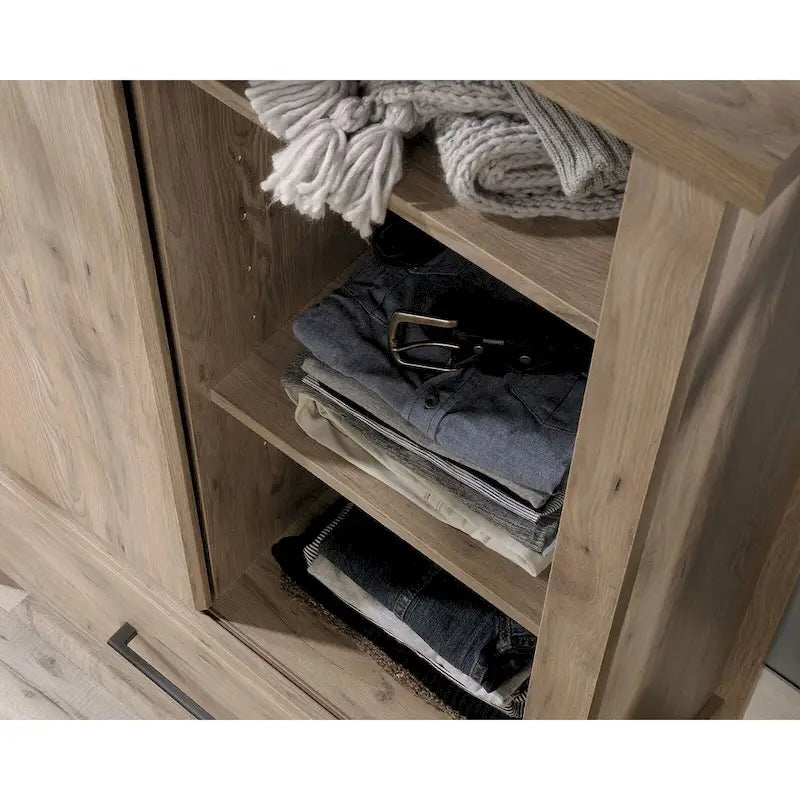 Sliding Door Wardrobe Armoire – Adjustable Shelves, Bottom Drawer & Tapered Legs