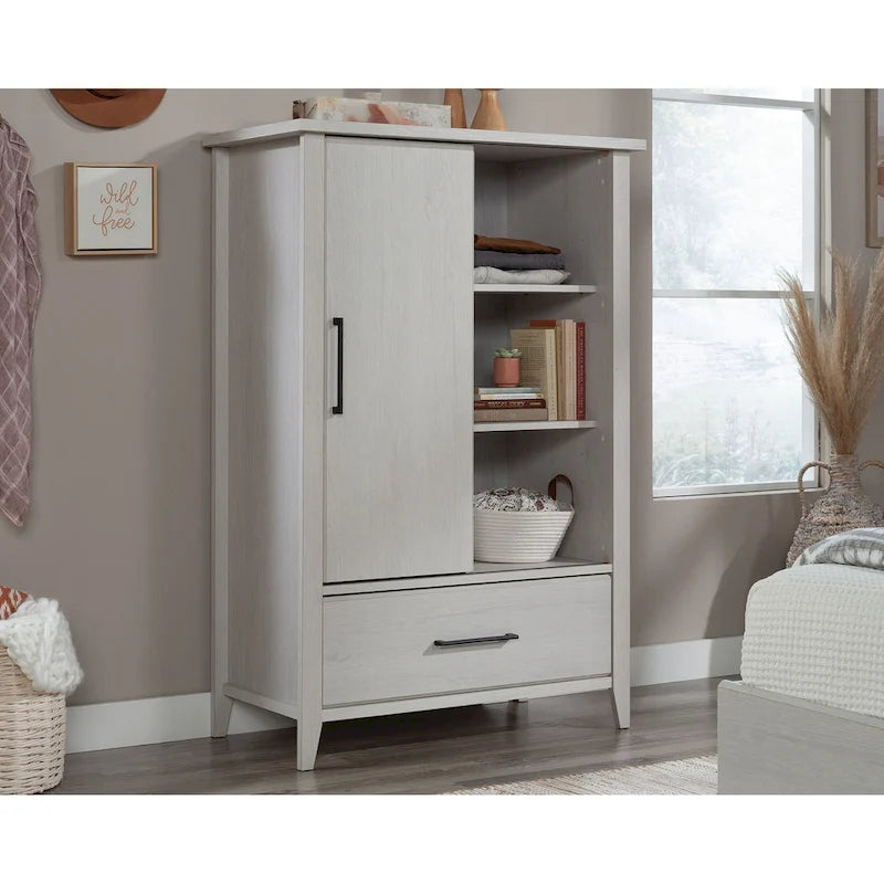 Sliding Door Wardrobe Armoire – Adjustable Shelves, Bottom Drawer & Tapered Legs