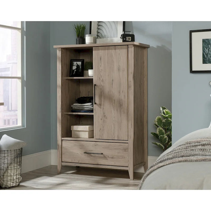 Sliding Door Wardrobe Armoire – Adjustable Shelves, Bottom Drawer & Tapered Legs