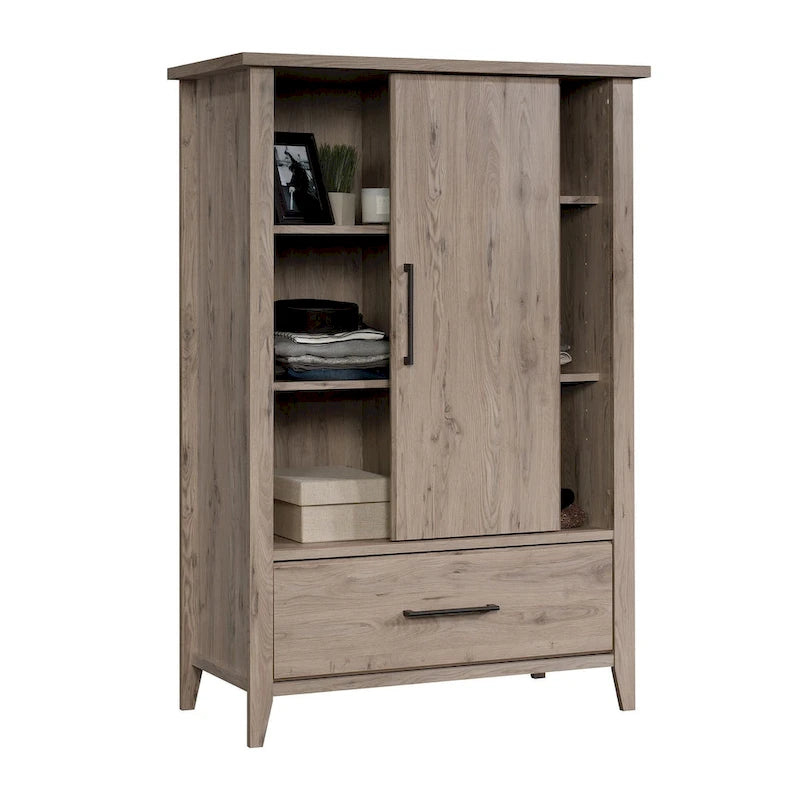 Sliding Door Wardrobe Armoire – Adjustable Shelves, Bottom Drawer & Tapered Legs