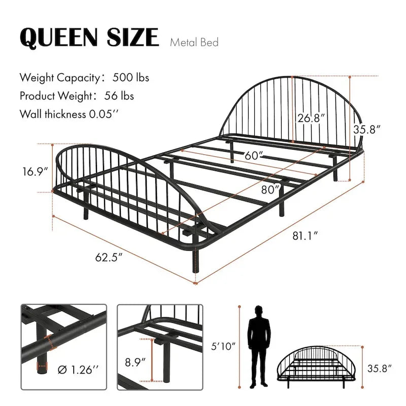 Curved Metal Bed Frame with Arched Headboard — No Box Spring Needed