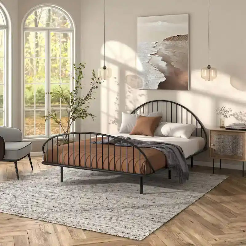 Curved Metal Bed Frame with Arched Headboard — No Box Spring Needed