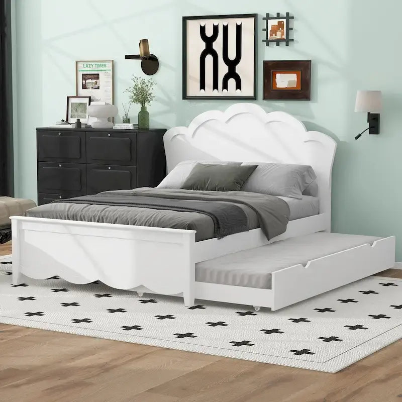 Full Size Wood Platform Bed with Curved Headboard & Twin Trundle – White