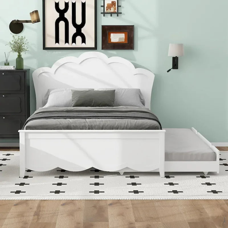 Full Size Wood Platform Bed with Curved Headboard & Twin Trundle – White
