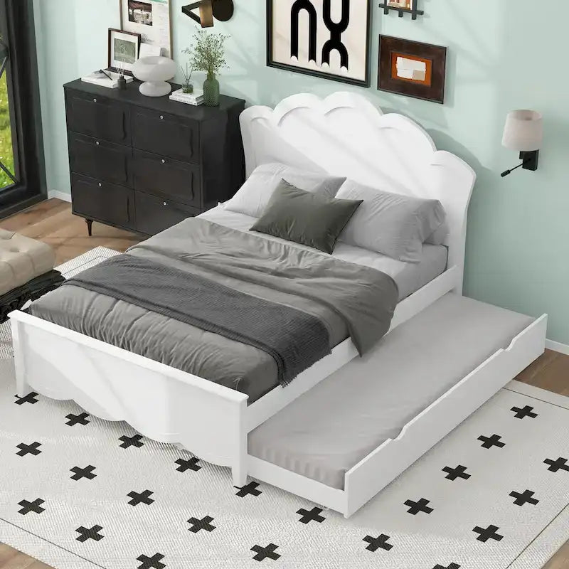 Full Size Wood Platform Bed with Curved Headboard & Twin Trundle – White