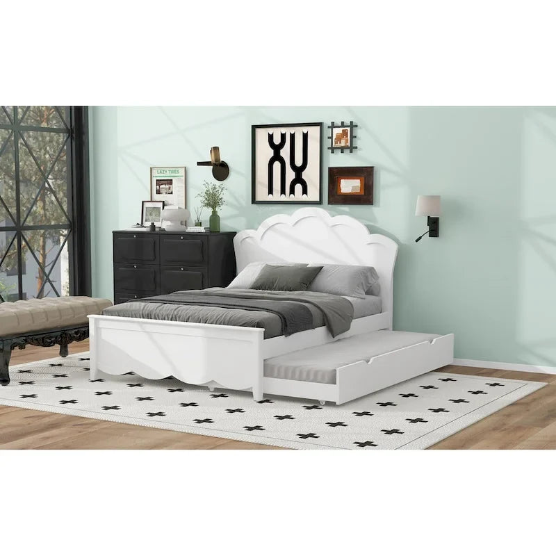 Full Size Wood Platform Bed with Curved Headboard & Twin Trundle – White