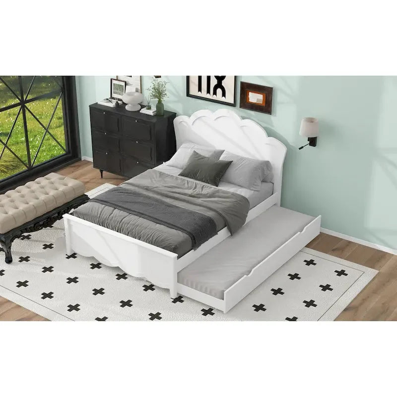 Full Size Wood Platform Bed with Curved Headboard & Twin Trundle – White