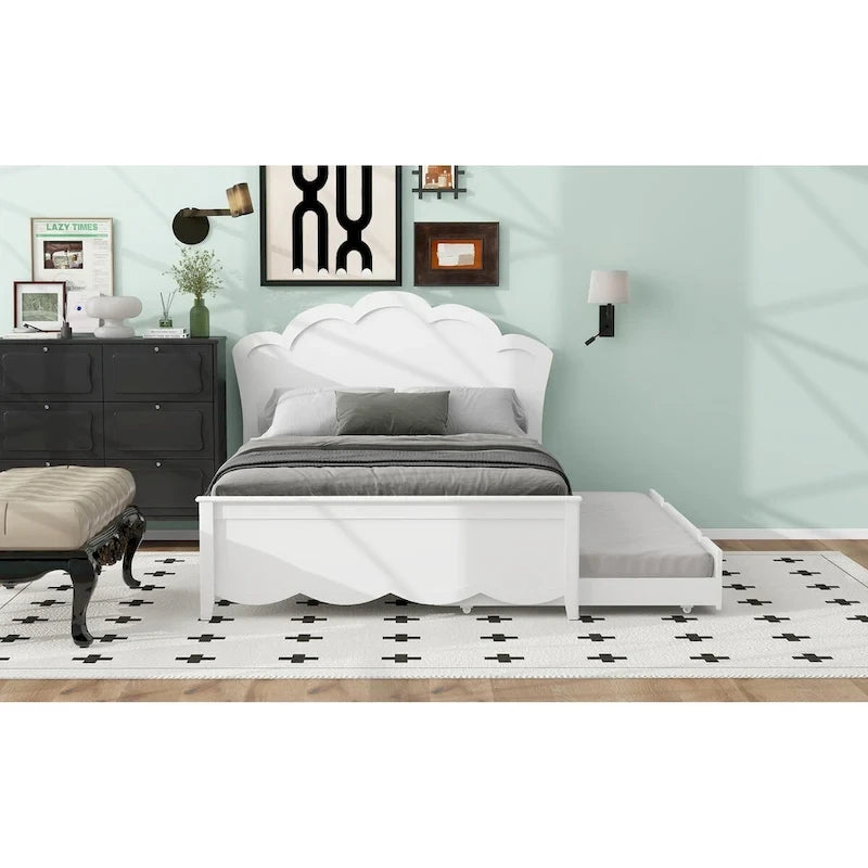 Full Size Wood Platform Bed with Curved Headboard & Twin Trundle – White