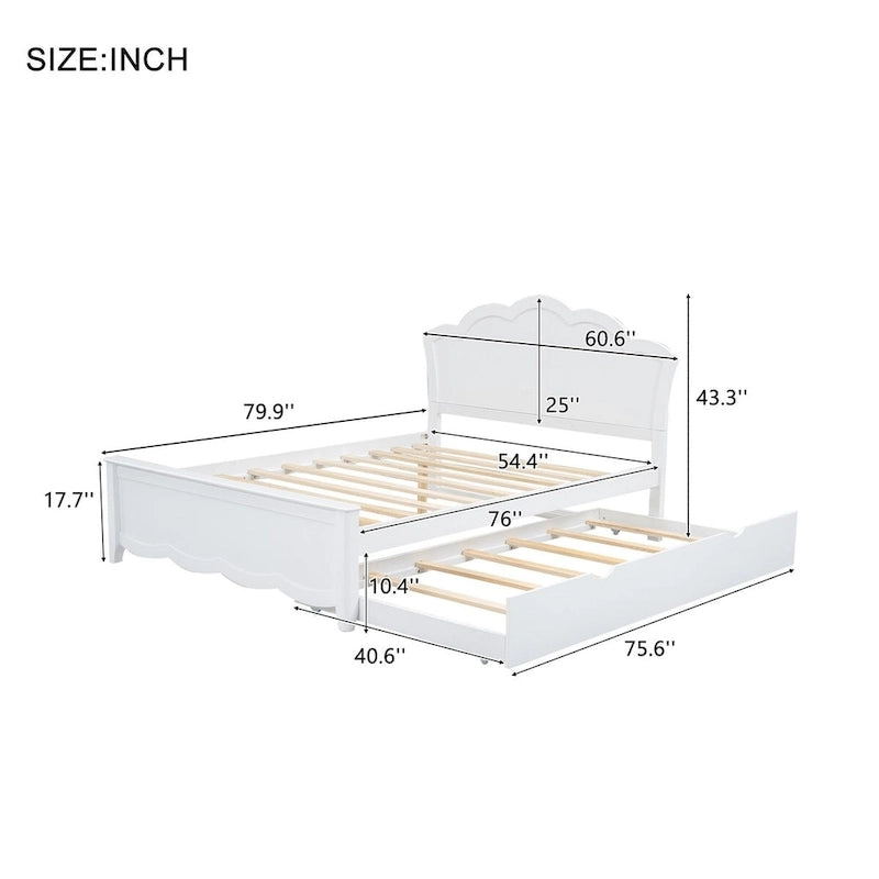 Full Size Wood Platform Bed with Curved Headboard & Twin Trundle – White
