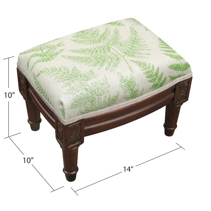 Fern Print Linen Upholstered Footstool with Natural Wood Stain Frame — Jade Green