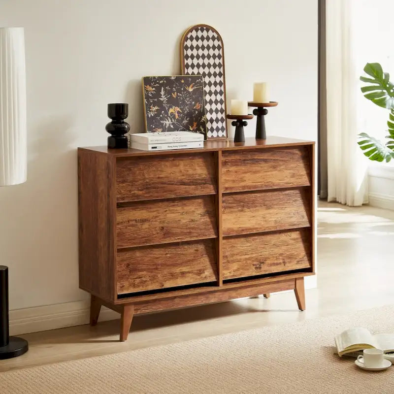 6-Drawer Double Dresser with Vintage Style & Beveled Edge Detail — Brown
