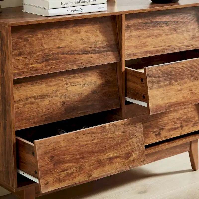 6-Drawer Double Dresser with Vintage Style & Beveled Edge Detail — Brown