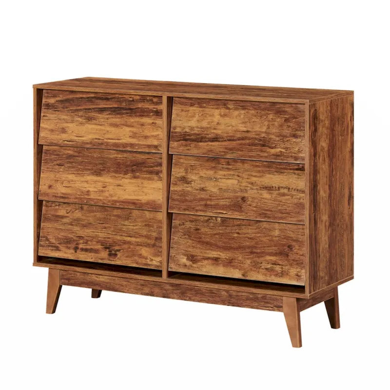 6-Drawer Double Dresser with Vintage Style & Beveled Edge Detail — Brown