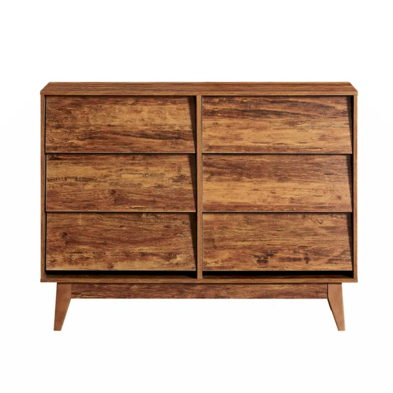 6-Drawer Double Dresser with Vintage Style & Beveled Edge Detail — Brown