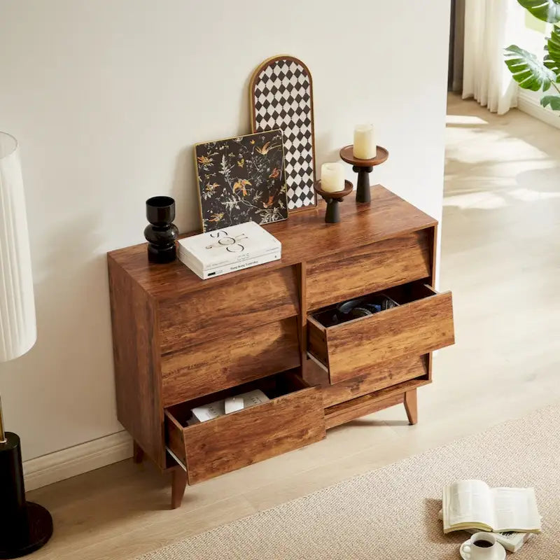 6-Drawer Double Dresser with Vintage Style & Beveled Edge Detail — Brown