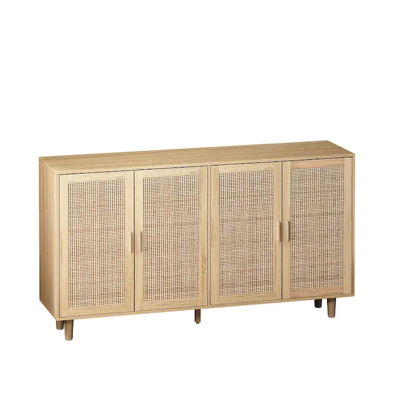 4-Door Rattan Decorative Storage Cabinet with Solid Wood Legs & Adjustable Shelf