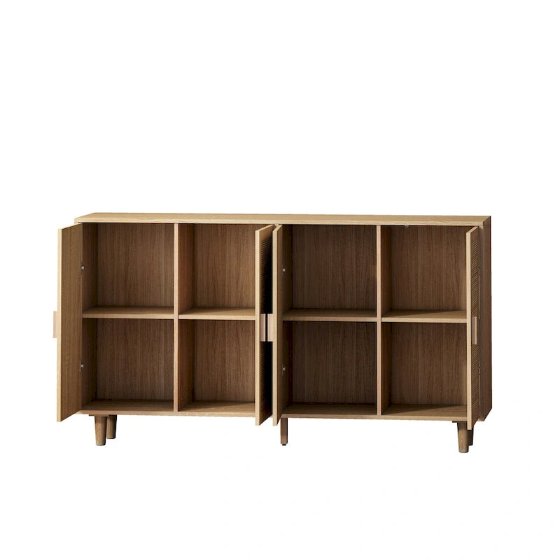 4-Door Rattan Decorative Storage Cabinet with Solid Wood Legs & Adjustable Shelf