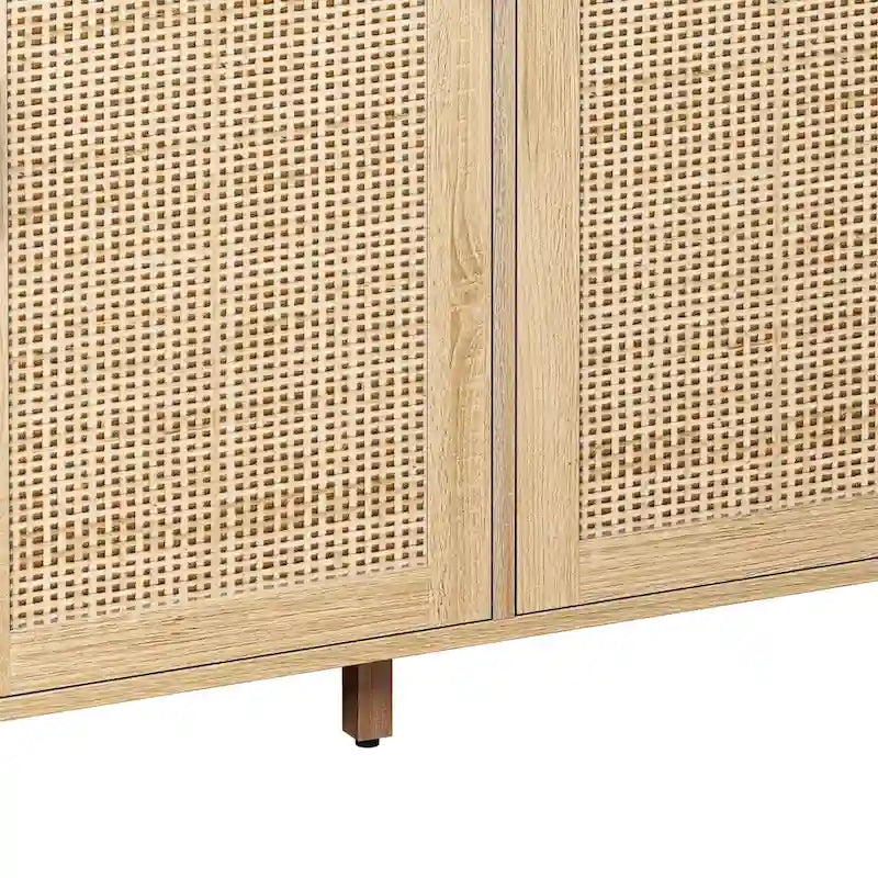 4-Door Rattan Decorative Storage Cabinet with Solid Wood Legs & Adjustable Shelf