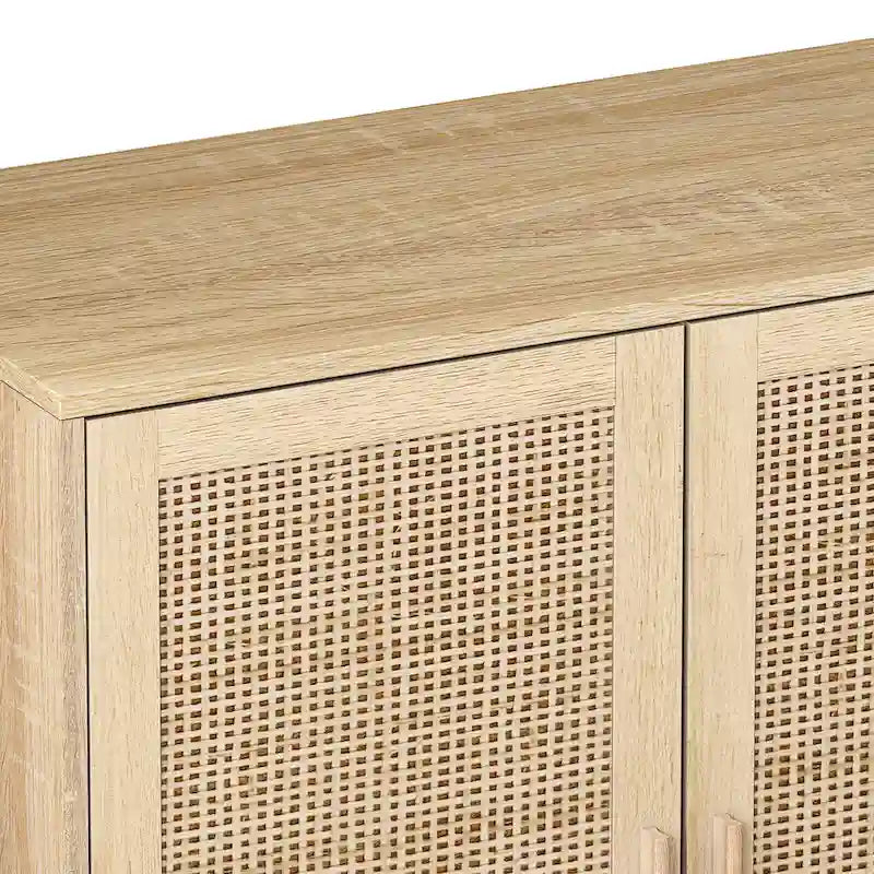 4-Door Rattan Decorative Storage Cabinet with Solid Wood Legs & Adjustable Shelf