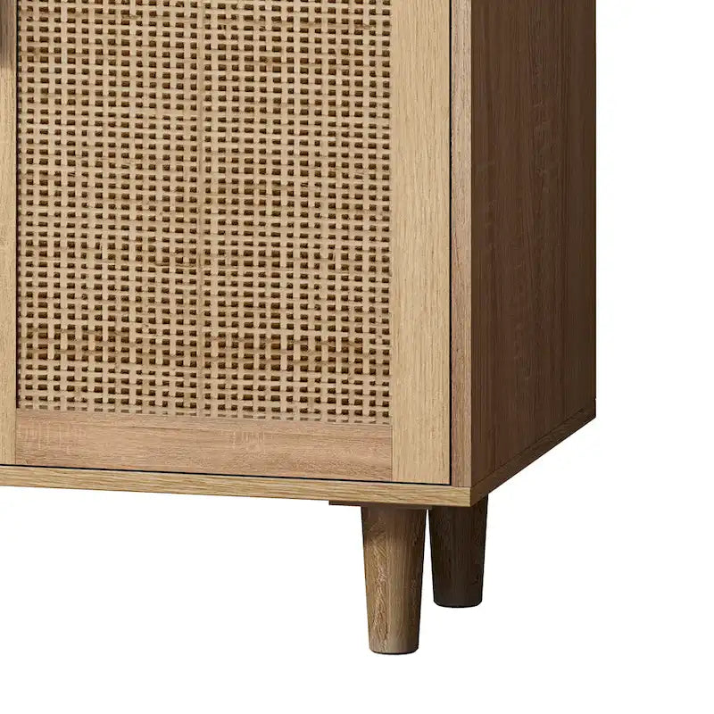 4-Door Rattan Decorative Storage Cabinet with Solid Wood Legs & Adjustable Shelf