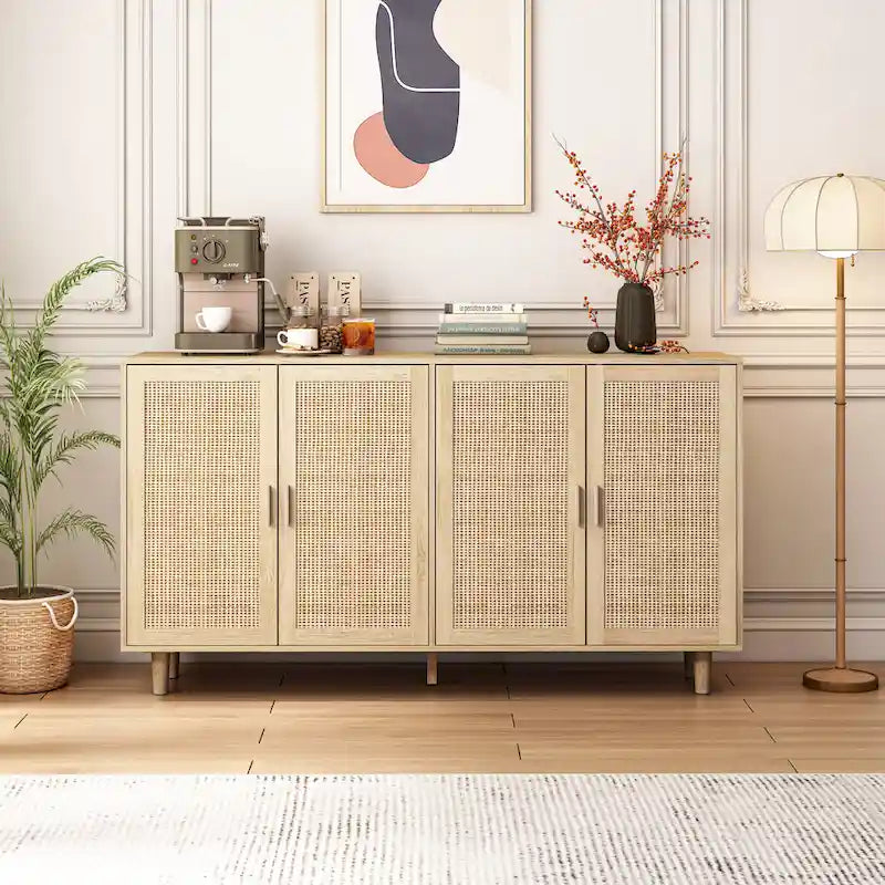 4-Door Rattan Decorative Storage Cabinet with Solid Wood Legs & Adjustable Shelf