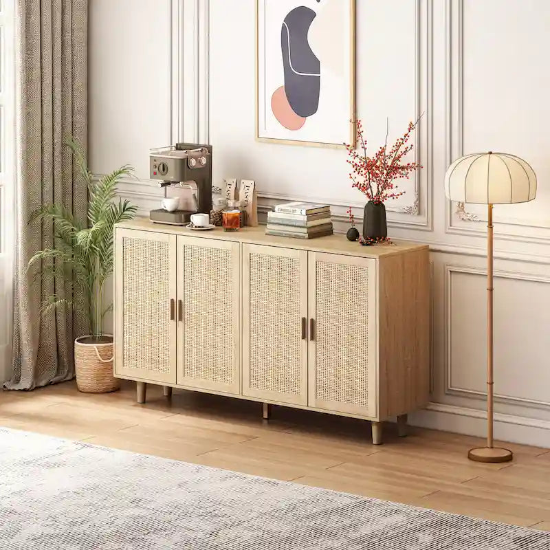 4-Door Rattan Decorative Storage Cabinet with Solid Wood Legs & Adjustable Shelf