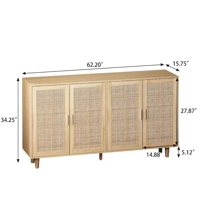 4-Door Rattan Decorative Storage Cabinet with Solid Wood Legs & Adjustable Shelf