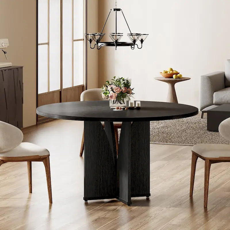 39-Inch Round Dining Table with Textured Wood Top & Pedestal Base