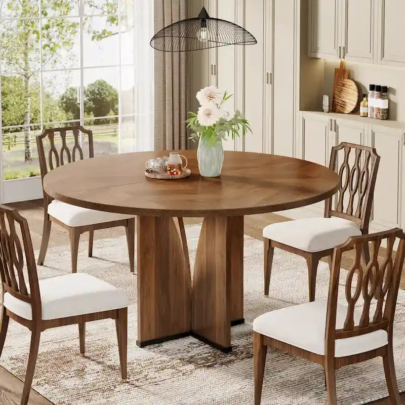 39-Inch Round Dining Table with Textured Wood Top & Pedestal Base