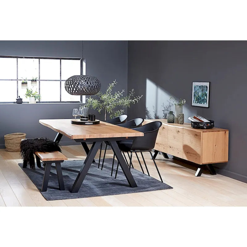 Wavy Edge Industrial Dining Table – Wild Oak Veneer & Birch Top with Black Powder-Coated Steel Legs