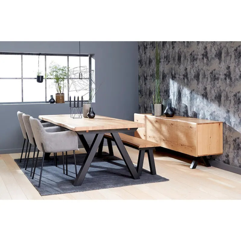 Wavy Edge Industrial Dining Table – Wild Oak Veneer & Birch Top with Black Powder-Coated Steel Legs